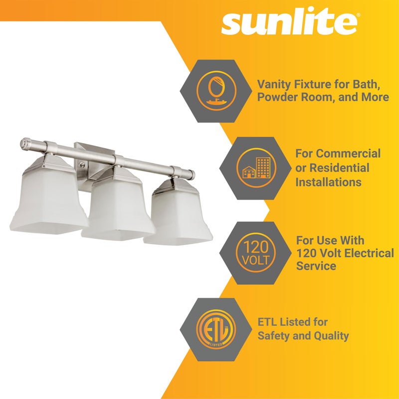 Sunlite ضوء حائط حديث مربع من صنلايت 46063 بحجم 20 بوصة، قاعدة متوسطة (E26)، يتطلب لمبة A19 قياسية (100 واط كحد أقصى)، ظل زجاجي مصنفر، مدرج في ETL، تشطيب نيكل مصقول بـ 3 أضواء - Image 4